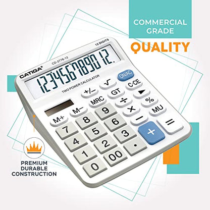 Premium Commercial 12-Digit Large Desktop Calculator with Huge 5-Inch LCD Display Screen, Giant Responsive Buttons, Battery and Solar Powered, Perfect for Home/Office Accounting Finance Use, CD-2776 - color: White (Commercial)