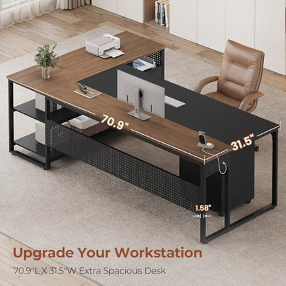 UPOSOJA 71" Executive Desk, Reversible L Shaped Desk with Mobile File Cabinet & Power Outlets, Large Office Desk with Drawers, Storage Shelves, Hooks, Corner Computer Desk for Home Office (Walnut)