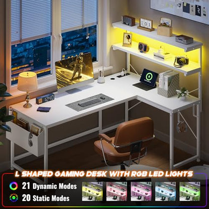DurayLoly White L Shaped Desk with LED Light & 5 Power Outlet for Gaming | 41 Vivid Lighting Modes LED of Gaming Desk; Built-In Charging Hub (3 AC+2 USB) Charges 5 Devices to Tidy Gaming Station,White - color: White, size: 43Inch