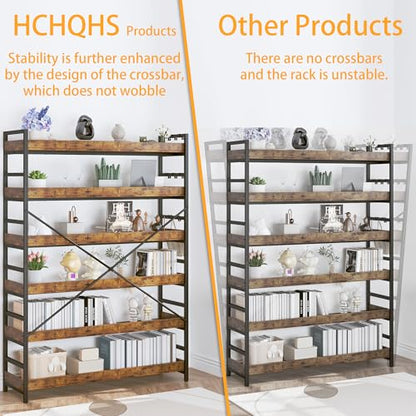 HCHQHS 6 Tier Bookshelf, Adjustable Industrial Bookcase, Vertical Tall Book Shelf, Wood and Black Metal Open Bookshelves for Home Office, Living Room, Bedroom - color: Rustic Brown, size: 6-Tier (47"W x 70"H)