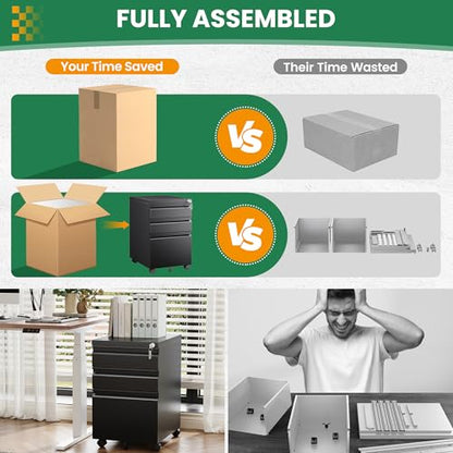 3-Drawer File Cabinet with Lock, Mobile Filing Cabinet, Fully Assembled - color: Black, size: 14.6"W x 24.4"H x 17.3"D - F