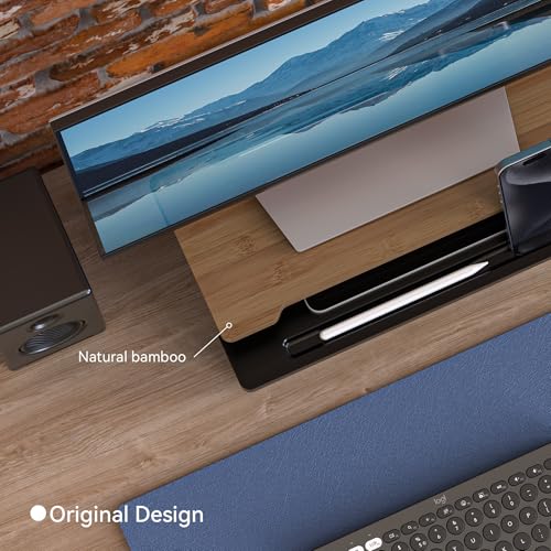 16.5” Bamboo Monitor Stand with Phone & Tablet Holder Desk Shelf - color: Black, size: 16.5 inch