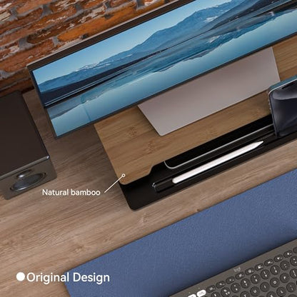16.5” Bamboo Monitor Stand with Phone & Tablet Holder Desk Shelf - color: Black, size: 16.5 inch