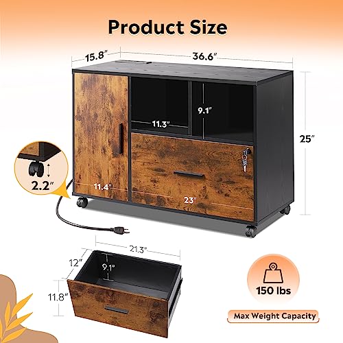 DEVAISE File Cabinet with Charging Station, 1 Drawer Rolling File Cabinet, Locking Filing Cabinet for Home Office, Wood Printer Stand with Storage, Rustic Brown - color: Rustic Brown, style: Eclectic