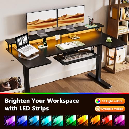 OffiGo 63 Inch U Shaped Electric Standing Desk with Keyboard Tray, Black - color: Black, size: 63 Inch