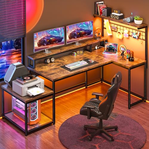 EnHomee 56" L Shaped Desk with Power Outlets & LED Lights for Bedroom,Brown - color: Rustic Brown, size: 56"W