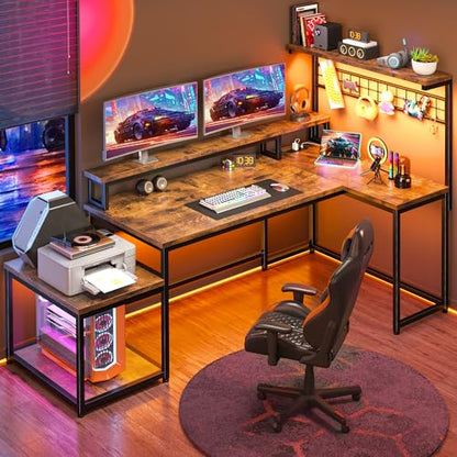 EnHomee 56" L Shaped Desk with Power Outlets & LED Lights for Bedroom,Brown - color: Rustic Brown, size: 56"W