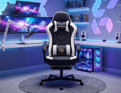 Office Desk Computer Gaming Chair for Adults, Ergonomic High Back Gamer Chair with Massage and Pocket Spring Cushion, Swivel Comfy Video Game Chairs with Footrest and Lumbar Support (Black White) - color: Base White Leather