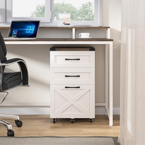 Halitaa Farmhouse 3 Drawer Small File Cabinet with Wheels, Rustic White - color: Rustic White and Brown