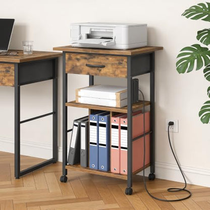 Rolling File Cabinet, Printer Stand with Dividers and Power Outlets, Mobile File Cart with Fabric Storage Drawer and Lockable Wheels for Office, Home