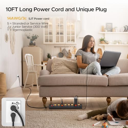 CRST 8-Outlet Metal Power Strip with Individual Switches, 15A/1875W, 10FT | 1.77" Wide Spacing for Bulky Plugs, 1200J Surge Protector Power Strip with Mounting Brackets for Home/Workshop/Garage/School - size: 8 Outlet+10FT