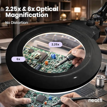 Neatfi XL Bifocal LED Magnifying Lamp, 7” Acrylic Lens, 2.25X/6X Magnification, 1,600 Lumens Dimmable | Hands-Free Close Work | Crafting, Jewelry & Reading (Black, 7-inch Lens, Non-CCT with Clamp) - color: Black, size: 7-inch Lens, Non-CCT with Clamp