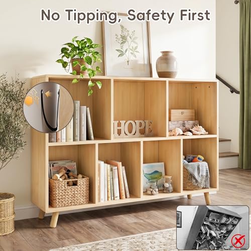 YZU 7-Cube Wood Bookshelf, 2-Tier Storage Organizer with Legs | Easy Assembly, 45" Wide Wooden Open Cube Bookcase For Living Room, Bedroom, Home Office(Natural Wood) - color: Natural Wood B