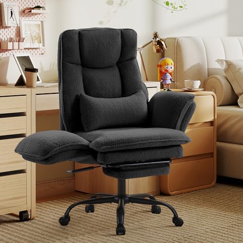 Wider Seat Office Chair with Flip Armrests for Criss Cross Legged&Cats, Big and Tall Executive Ergonomic Reclining Chair with Footrest&Lumbar Pillow, Teddy Fleece Desk Chair,Black Vanity Chair - color: Black