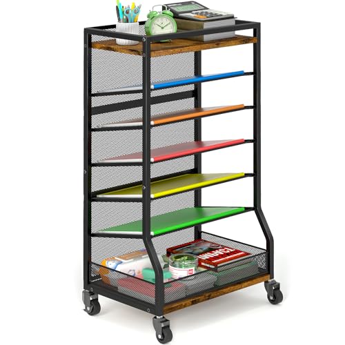 ThreeHio 7 Tier Rolling File Cart with Sliding Trays, Wood Metal File Organizer Beside Desk, Free-Standing File Holder, Paper Letter Tray Organizer Mesh Desk Organizer for Home Office School (Patent) - color: Brown
