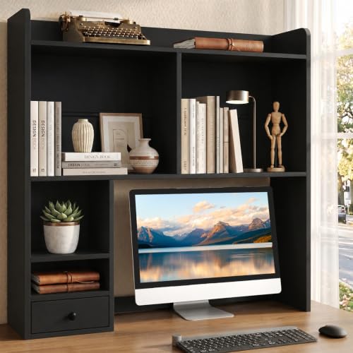 knoworld Desktop Bookshelf for 27" Monitor, 36.4" Tall Dorm Desk Hutch Organizer with 5 Shelves & 1 Drawer, Engineered Wood Desk Shelf for Computer Desk, Black - color: Black