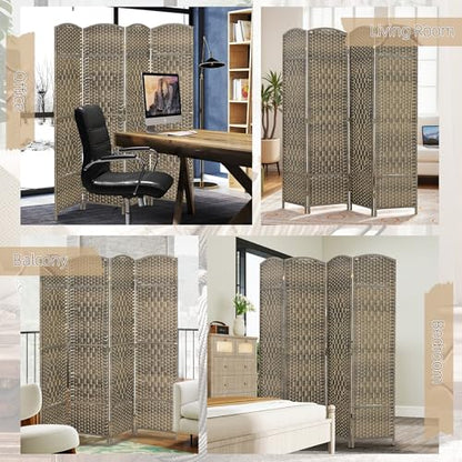 HOMCOM 4 Panel Room Divider 6 Ft Privacy Screen Hand-Woven Dark Rustic Oak | Folding PP Wall Partition, Pine Wood Frame, Freestanding Room Separator, Bedroom Home Office, No Assembly - color: Oak, size: 4 Panel