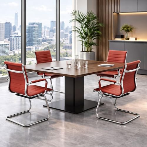 Office Desk Chair Set of 4,No Wheels PU Leather Computer Chairs Mid Back Guest Chairs with Seld Base for School/Reception/Conference/Waiting Room, Burgundy Red - color: Deep Red, size: 4PCS