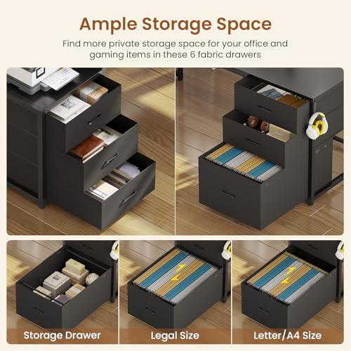 SEDETA Reversible L Shaped Gaming Desk with 6 Drawers, Hutch, Led Lights - color: Black