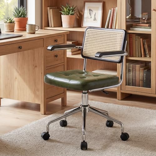Zesthouse Leather Office Desk Chair with Wheels, Mid Century Rolling Desk Chair with Wood Arm & Natural Rattan Back, Modern Swivel Home Office Chair, Small Height Adjustable Computer Task Chair, Green - color: Green, size: Armrest
