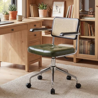 Zesthouse Leather Office Desk Chair with Wheels, Mid Century Rolling Desk Chair with Wood Arm & Natural Rattan Back, Modern Swivel Home Office Chair, Small Height Adjustable Computer Task Chair, Green - color: Green, size: Armrest