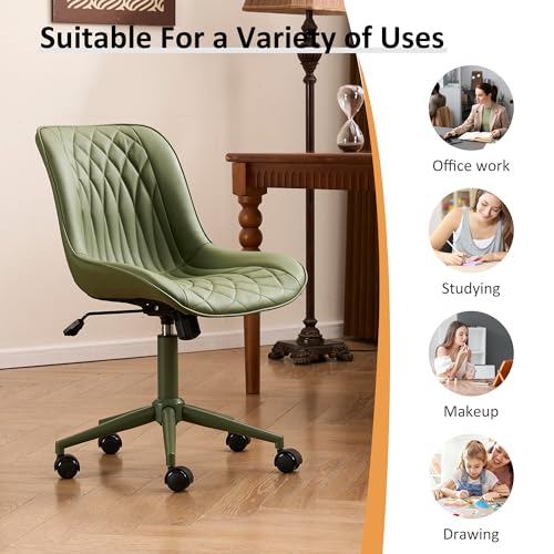 YOUNIKE Faux Leather Office Desk Chair Comfy Vanity Chair Armless Green | Ergonomic Upholstered Rocking Back, Swivel with Wheels, Height Adjustable, Modern Task Chair For Computer Sewing Drafting - color: All Green