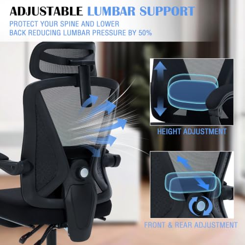 Ergonomic Office Chair with Footrest - Adjustable Lumbar Support & 3D Headrest, 90-160° Reclining Mesh High-Back Rolling Work Swivel Computer Chair-400lbs Capacity - color: Dark Black