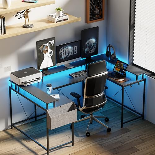 IDEALHOUSE U Shaped Home Office Desk, Reversible L Shaped Gaming Computer Desk with Power Outlets,126 Inch Computer Desk with Monitor Stand and LED Lights,Storage Shelves,Storage Bag and Hooks（Black） - color: Black