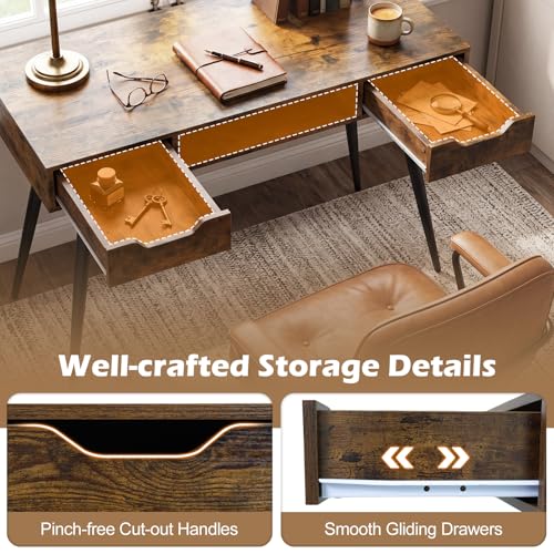 Tangkula Mid Century Modern Computer Desk | Writing Desk with 2 Drawers & Open Center Storage, Small Wooden Study Table for Home Office & Compact Spaces - color: Rustic Brown