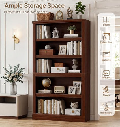 Unikito 71” Tall Bookcase with Adjustable Storage Shelves, Cherry Finish | 5 Tier Open Storage Bookshelf, Thick Wood and Sturdy, Freestanding Book Case Organizer for Living Room, Home Office, Bedroom