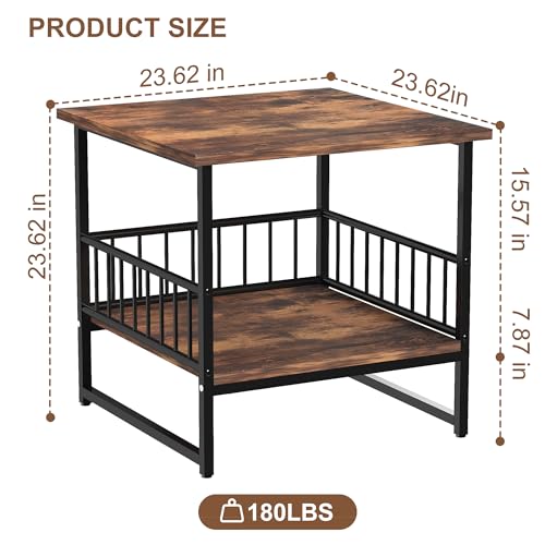 DHMAKER End Table, Industrial Side Table with 2-Tire Storage Shelf, 180LBS Mini Fridge Stand with Adjustable Feet, 24"x24" Wood Night Stand Small Bedside Table for Living Room Bedroom, Brown - color: Rustic Brown 1pc 24inch