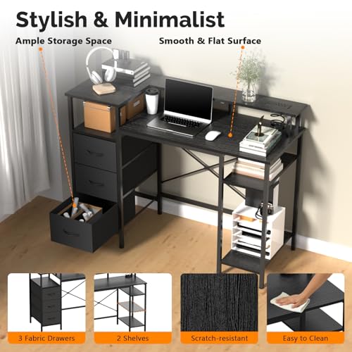 VINGLI 47" L-Shaped Gaming Desk, Fabric Drawers, Storage Shelves - color: Black, size: 47 Inch