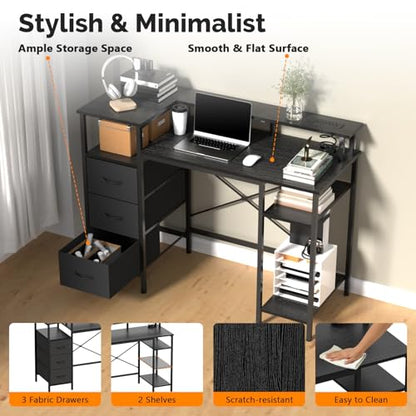 VINGLI 47" L-Shaped Gaming Desk, Fabric Drawers, Storage Shelves - color: Black, size: 47 Inch