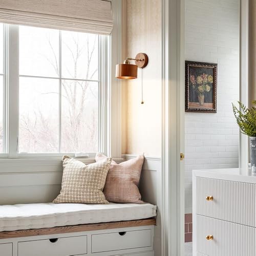 Wood Wall Sconce with Pull Chain Adjustable Swing Arm Natural Or Walnut Wood Cylinder Shade Brass Accent Wall Lamp for Bedroom Living Room Hallway Reading Nook(Wood) - color: Wood