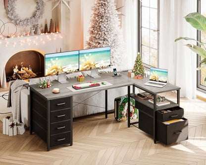 Coleshome 55 Inch L Shaped Office Desk with 6 Drawers, Power Outlet, Grey - color: Grey Oak, size: 55 Inch