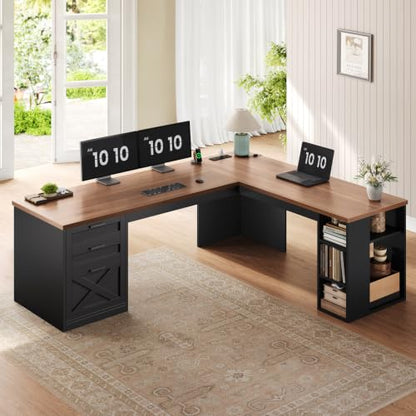 SEDETA 67" Farmhouse Executive L Shaped Desk with 3 Drawers - color: Black and Brown, size: L Shaped Desk (67")