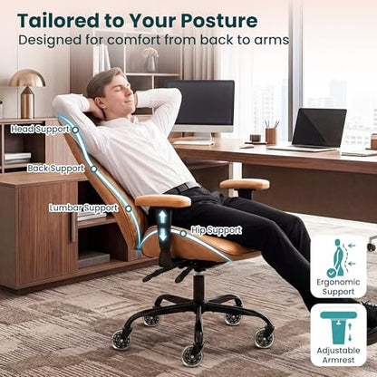 NEO CHAIR Brown Leather Office Chair with Ergonomic Design, Swivel Chair | Modern Computer Desk Chair with Lumbar Support, Adjustable Height Arms, Comfy Chair for Home Office, Smooth Rolling Design - color: E. High-back Brown