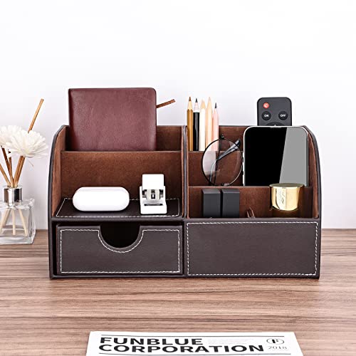 KINGFOM Pu Leather Desk Organizer Pen Pencil Holder Office Supplies Caddy Storage Box 6 Compartments with Drawer Brown - color: Brown