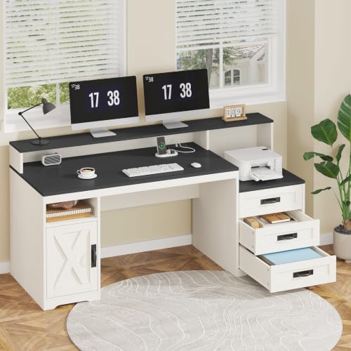 65" Farmhouse Computer Desk with Drawers and Printer Stand for Home Office - color: Black and White