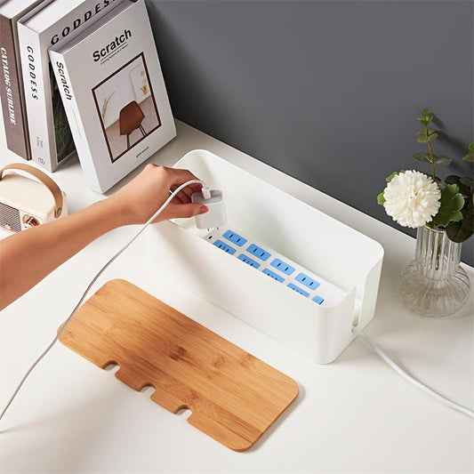 Bamboo Lid Cable Management Box, Plastic Wire Organizer with Holes, Desktop Cable Organizer for Power Strip, Charger, Data Cables, Multiple Colors Available,Elegant White - color: Elegant White