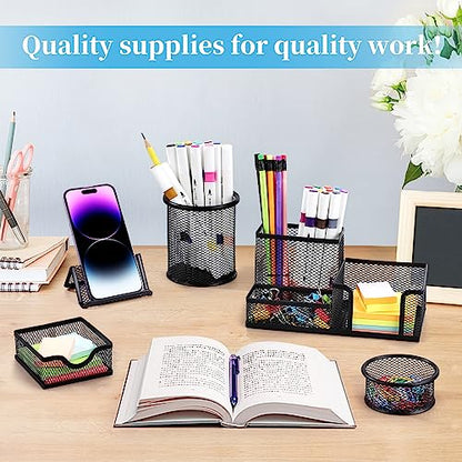 Mesh Pen Holder for Desk Pencil Holders 5 Pieces Desk Organizer Office Supplies Caddy with Sticky Notes Holder for Office School Home Black - style: 5 Piece Set