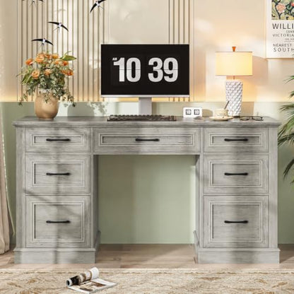 Vabches Farmhouse 59'' Executive Desk with File Drawers, Grey - color: Grey, size: 59" W