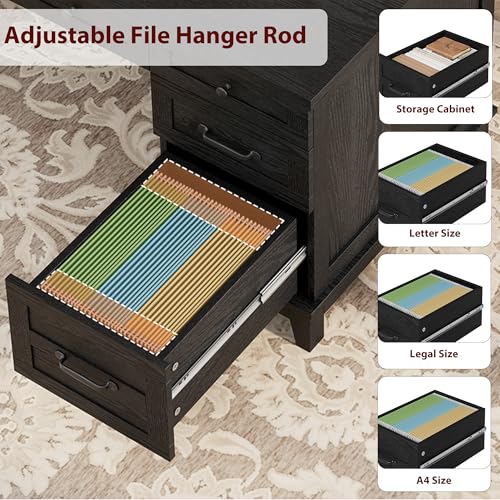 53.5" Farmhouse Home Office Desk with File Cabinet, Wooden Executive Desk with Power Outlet, Work Desk with Drawers, Traditional Wood Desk for Home and Office, Black - color: Black