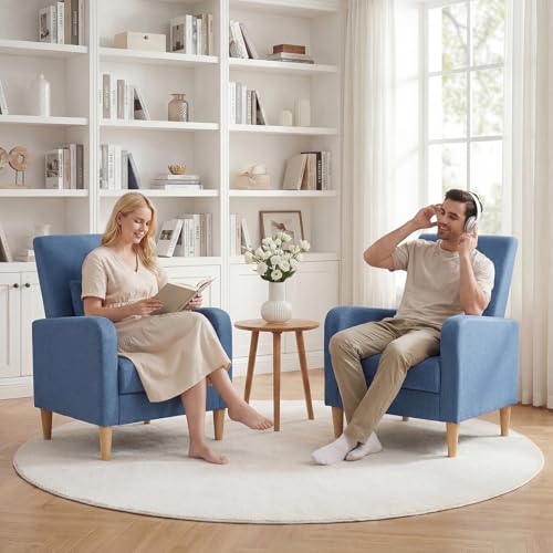 COLAMY Mid-Century Modern Accent Chairs Set of 2, Fabric Upholstered Living Room Chairs with Back Pillow & Solid Wood Legs, Comfy Armchair for Living Room, Bedroom, Single Sofa, Blue - color: Blue, size: Set of 2