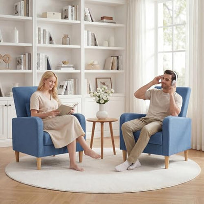 COLAMY Mid-Century Modern Accent Chairs Set of 2, Fabric Upholstered Living Room Chairs with Back Pillow & Solid Wood Legs, Comfy Armchair for Living Room, Bedroom, Single Sofa, Blue - color: Blue, size: Set of 2