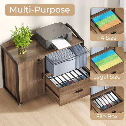 HSH Rolling File Cabinet with Lock, Mobile Lateral Filling Cabinet on Wheels, Wood Printer Stand with Storage Drawer, Modern File Cabinets Fits F4 Legal for Home Office, Rustic Oak, 33Inch - color: Rustic Oak