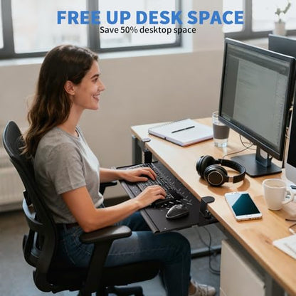 Keyboard Tray Under Desk - Full Metal Slide Out Holder, Rust-Resistant & Scratch-Proof, 26x13" Tray, Double C-Clamps for L Shape/Regular Desks, Standing/Sitting Workstation(Black-A) - color: Black