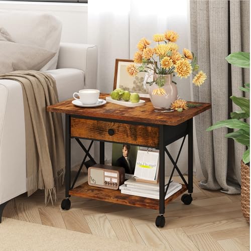EasyCom Large Printer Stand with Fabric Storage Drawer and Locking Wheels - color: Rustic Brown, size: Large