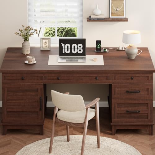 GarveeHome Executive Desk with File Drawers, Farmhouse Home Office Desk with Charging Station, 60 in Wooden Computer Desk with Cabinet Storage for Work Study Writing, Walunt Brown - color: Walunt Brown