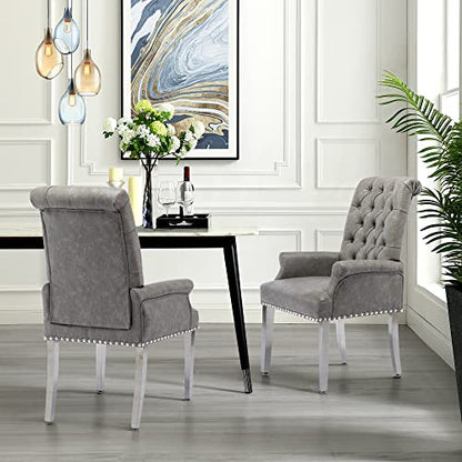 LOULENS PU Leather Dining Chairs Set of 2, Dining Chairs with Arms, Grey | Upholstered, High Back, Tufted, Luxurious, Stainless Steel Leg, for Kitchen & Dining Room - color: Pu, size: 2 PCS